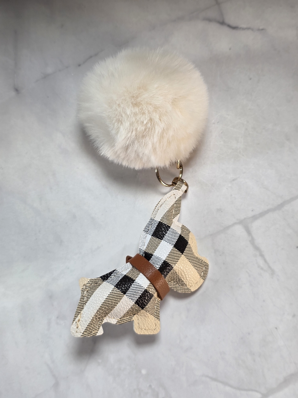 Plaid Puppy Dog Bag Charm with Faux Fur Pom Pom